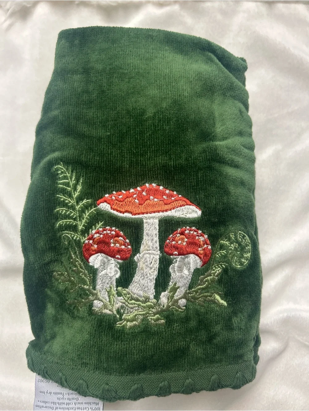 Embroidered Red Mushroom Velvet Hand towels- Forest Green Cottage Core set 2 New